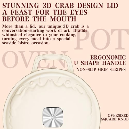 DUTZUN Enameled Cast Iron Dutch Oven - 5QT Dutch Oven Pot with Crab Lid & Oversized Knob & Ergonomic Handles - Heavy Duty Cookware for Braising, Stews, Roasting, Bread Baking - Cream White - Image 2