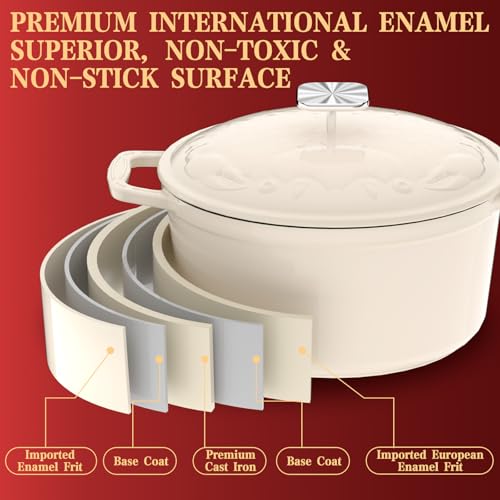 DUTZUN Enameled Cast Iron Dutch Oven - 5QT Dutch Oven Pot with Crab Lid & Oversized Knob & Ergonomic Handles - Heavy Duty Cookware for Braising, Stews, Roasting, Bread Baking - Cream White - Image 4
