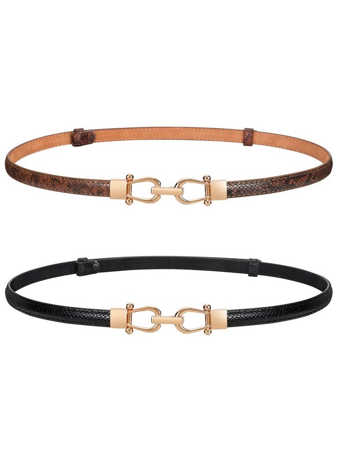 LEACOOLKEY - Women Skinny Waist Belt With Gold Buckle Adjustable Leather Thin Waist Belt For Dress - Image 1