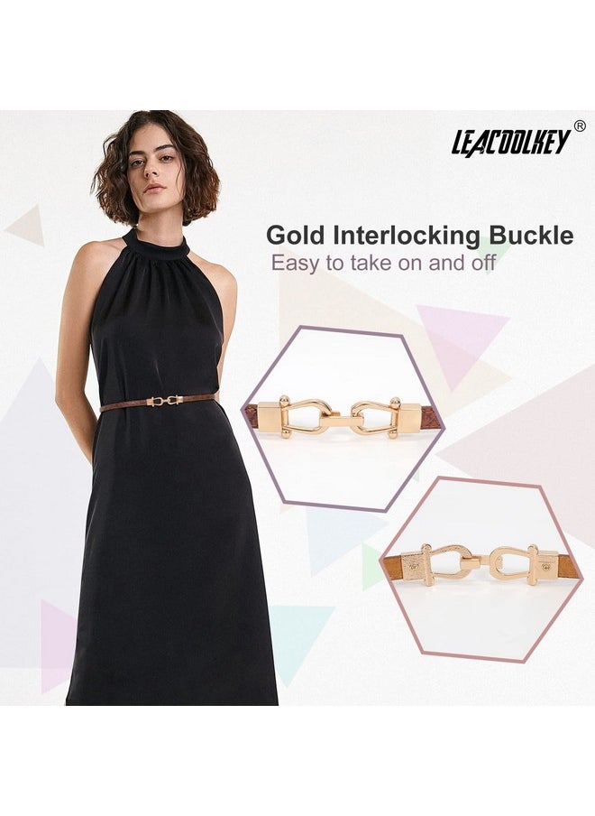LEACOOLKEY - Women Skinny Waist Belt With Gold Buckle Adjustable Leather Thin Waist Belt For Dress - Image 1