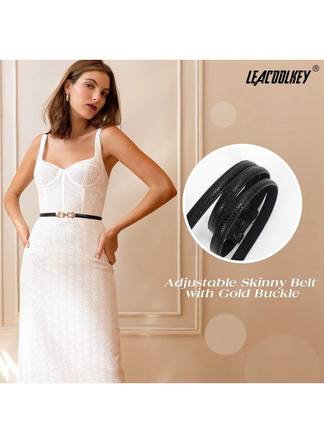 LEACOOLKEY - Women Skinny Waist Belt With Gold Buckle Adjustable Leather Thin Waist Belt For Dress - Image 1