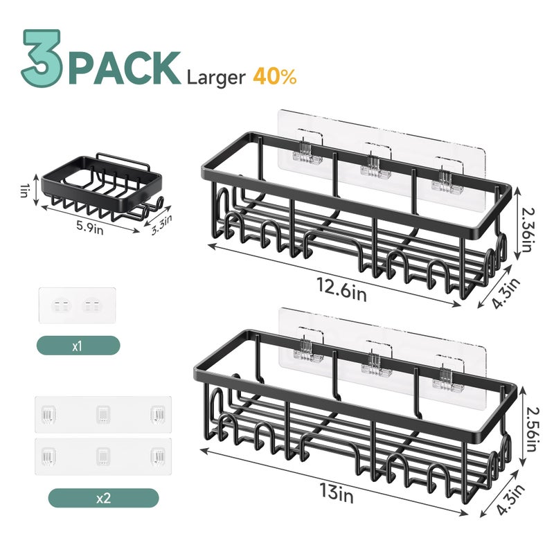 Veken Shower Caddy 3-Pack, Advanced Rustproof Design, No Drilling Adhesive Shelves, Rack with Soap Holder, Large Capacity Bathroom Organizers and Storage, Wall-Mounted Kitchen & Home Decor, Black - Image 4