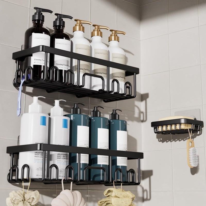 Veken Shower Caddy 3-Pack, Advanced Rustproof Design, No Drilling Adhesive Shelves, Rack with Soap Holder, Large Capacity Bathroom Organizers and Storage, Wall-Mounted Kitchen & Home Decor, Black - Image 1