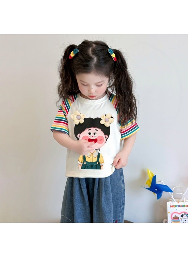 Children's Wear Top Summer Short Sleeve Cartoon Print Striped Rainbow Raglan Sleeve New Style Girls' Clothes Children's T-shirt Trendy