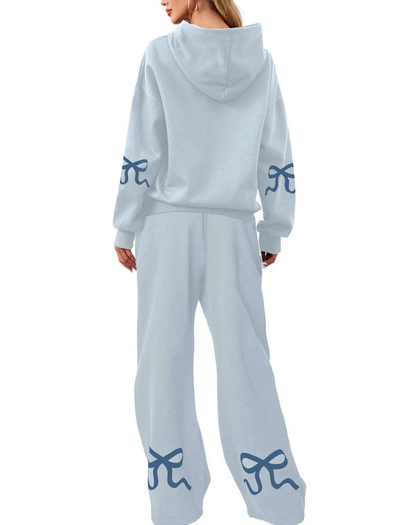 Livtany Women's 2 Piece Outfits Bow Trim Print Hoodie Sweatsuit Sets Oversized Sweatshirt Wide Leg Sweatpants With Pockets - Image 1