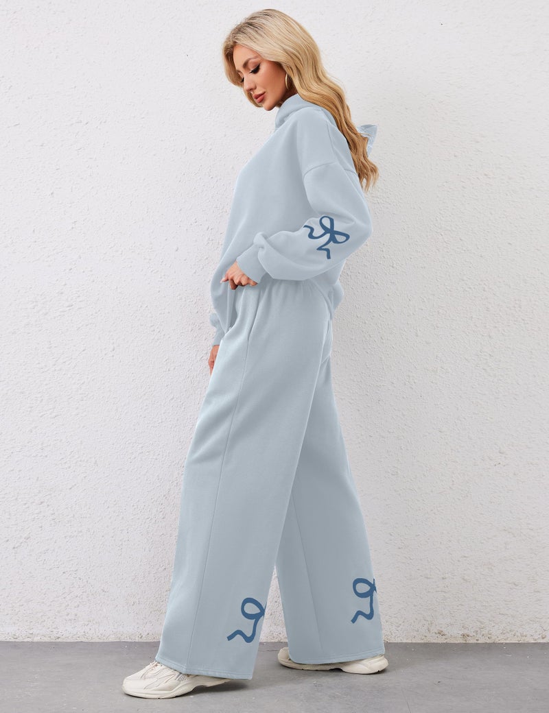 Livtany Women's 2 Piece Outfits Bow Trim Print Hoodie Sweatsuit Sets Oversized Sweatshirt Wide Leg Sweatpants With Pockets - Image 4