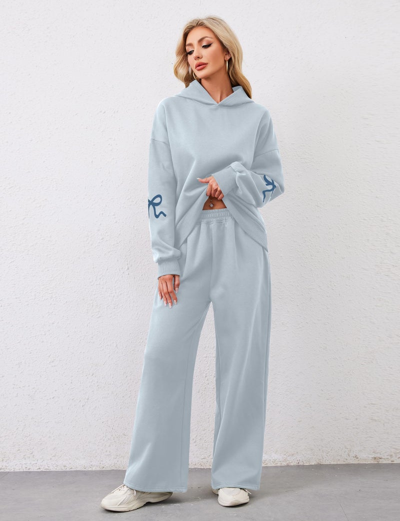 Livtany Women's 2 Piece Outfits Bow Trim Print Hoodie Sweatsuit Sets Oversized Sweatshirt Wide Leg Sweatpants With Pockets - Image 3