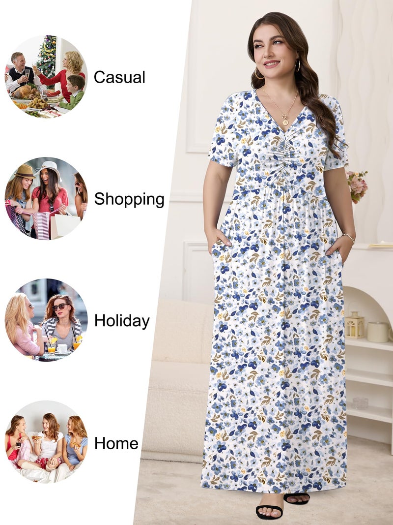 PEVRL Plus Size Maxi Dresses for Women Summer Casual Short Sleeve Long Dress with Pockets Lantian Wildflower 3X - Image 4