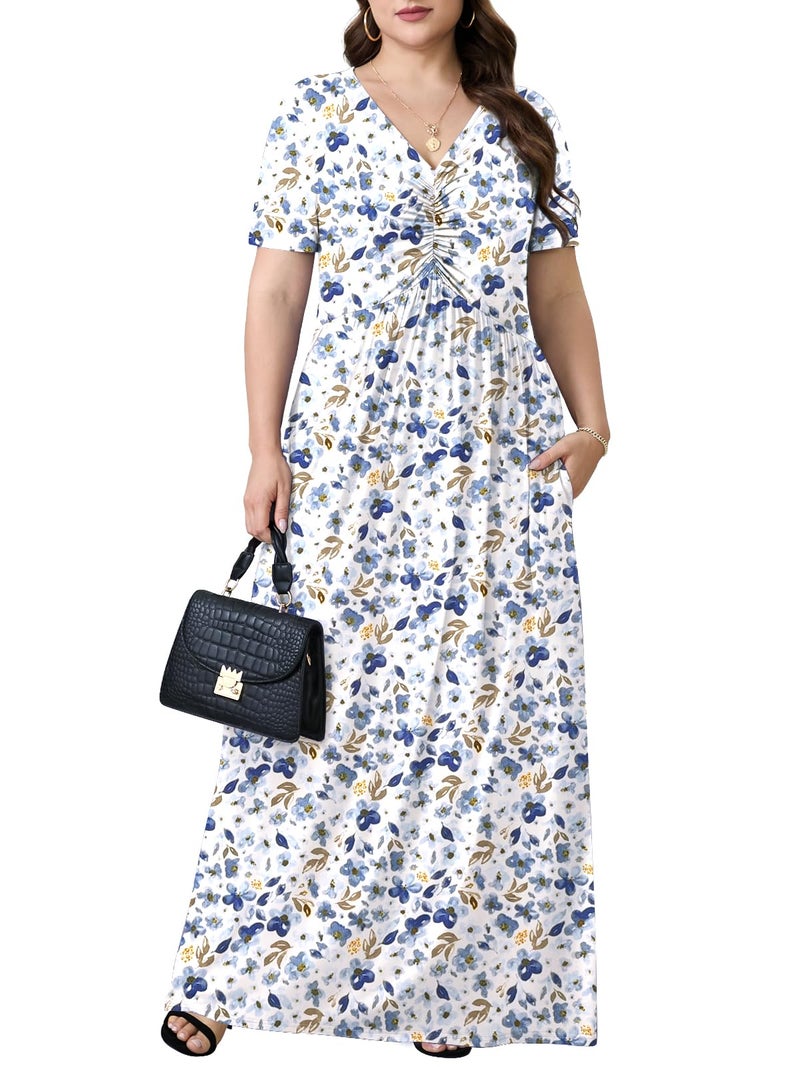 PEVRL Plus Size Maxi Dresses for Women Summer Casual Short Sleeve Long Dress with Pockets Lantian Wildflower 3X - Image 2