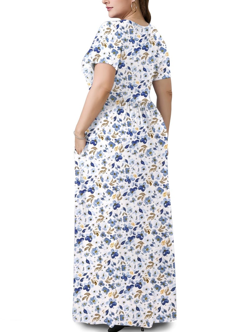 PEVRL Plus Size Maxi Dresses for Women Summer Casual Short Sleeve Long Dress with Pockets Lantian Wildflower 3X - Image 3
