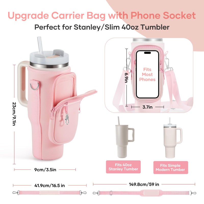 linmaya Water Bottle Carrier Bag for Stanley Cup 40/30oz with Phone Holder Pockets,Neoprene Water Bottle Cross-body Bag with Adjustable Shoulder & Hand Strap Stanley Cup Accessories - Image 3