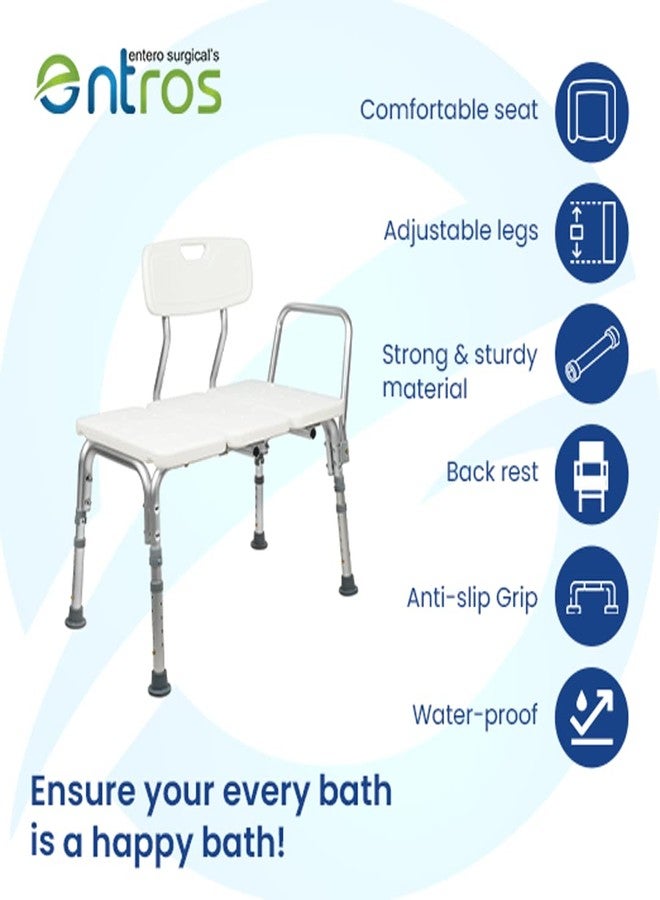 Entros Bathtub Transfer Shower Bench with Arms & Back Rest | Height Adjustable Aluminum Bench with Drainage Holes | Anti-Slip Rubber Pads for Safety | for Old People, Pregnant Women & Patients, 6030A - Image 3