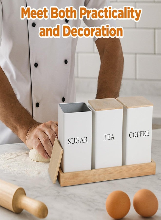 Limbeuuu 3 Pack Coffee Tea Sugar Container with Tray Airtight Metal Canister with Bamboo Lid Tray for Kitchen Counter Dining Room Farm House Kitchen Style Drink Station Organizer Set(White) - Image 5