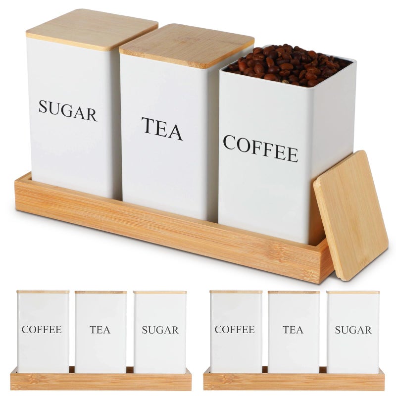Limbeuuu 3 Pack Coffee Tea Sugar Container with Tray Airtight Metal Canister with Bamboo Lid Tray for Kitchen Counter Dining Room Farm House Kitchen Style Drink Station Organizer Set(White) - Image 1