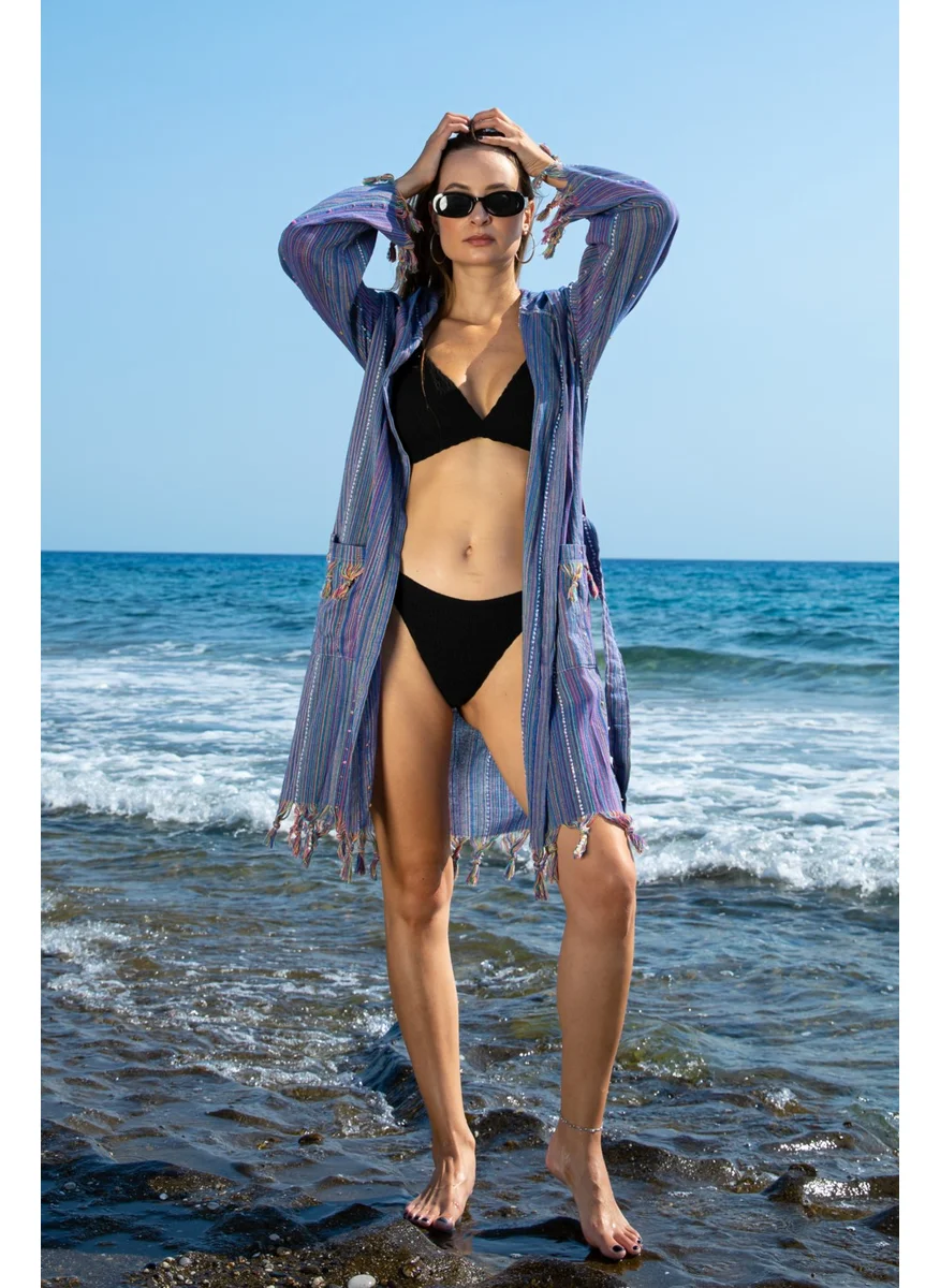 Hierapolis Hometex Peshtemal Bathrobe-Beach Dress-Pareo - Fringed Popnlu Peshtemal Bathrobe