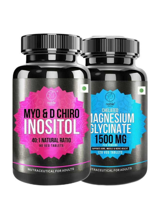 noble nature Myo & D-Chiro Inositol, Natural 40:1 Ratio - 90 Veg Tablets for PCOS Balance & Chelated Magnesium Glycinate 1500MG per serving - 120 Veg Tablets - Supports Bone, Muscle & Nerve Health Bundle - Image 1