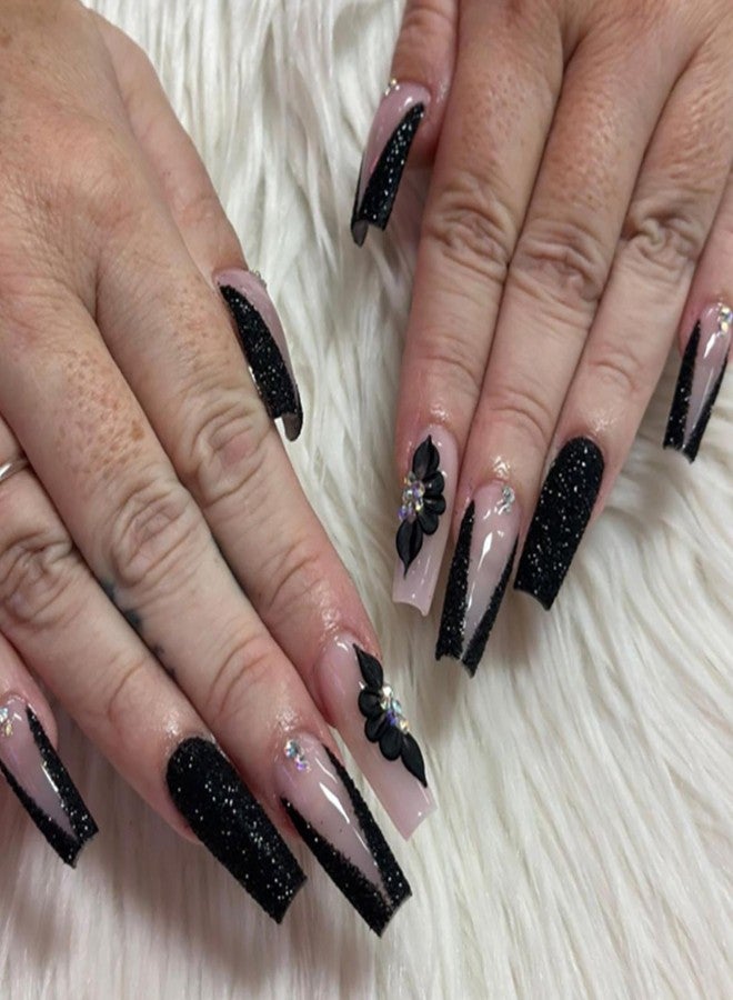 YoYoee Long Full Cover Nails Tips Luxury Black False Nails Square Press on Nails French Fake Nails for Women and Girls 24PCS - Image 1