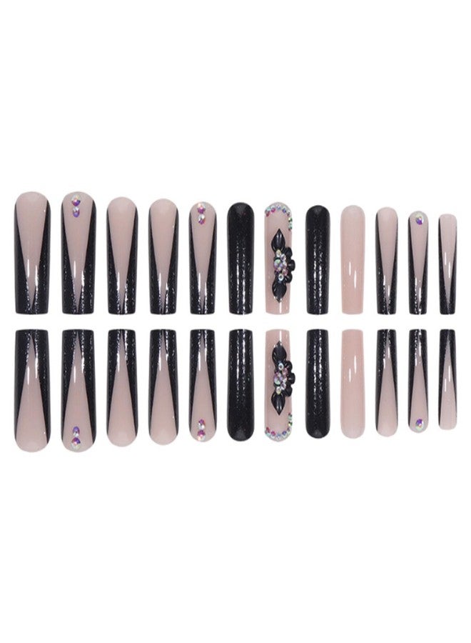 YoYoee Long Full Cover Nails Tips Luxury Black False Nails Square Press on Nails French Fake Nails for Women and Girls 24PCS - Image 4
