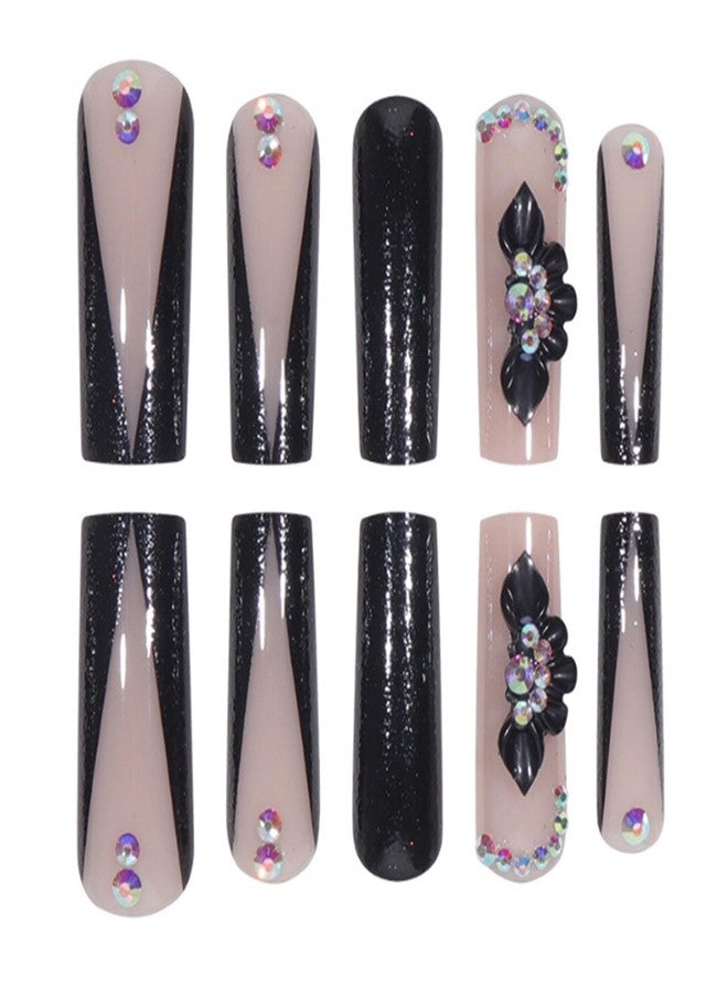 YoYoee Long Full Cover Nails Tips Luxury Black False Nails Square Press on Nails French Fake Nails for Women and Girls 24PCS - Image 3