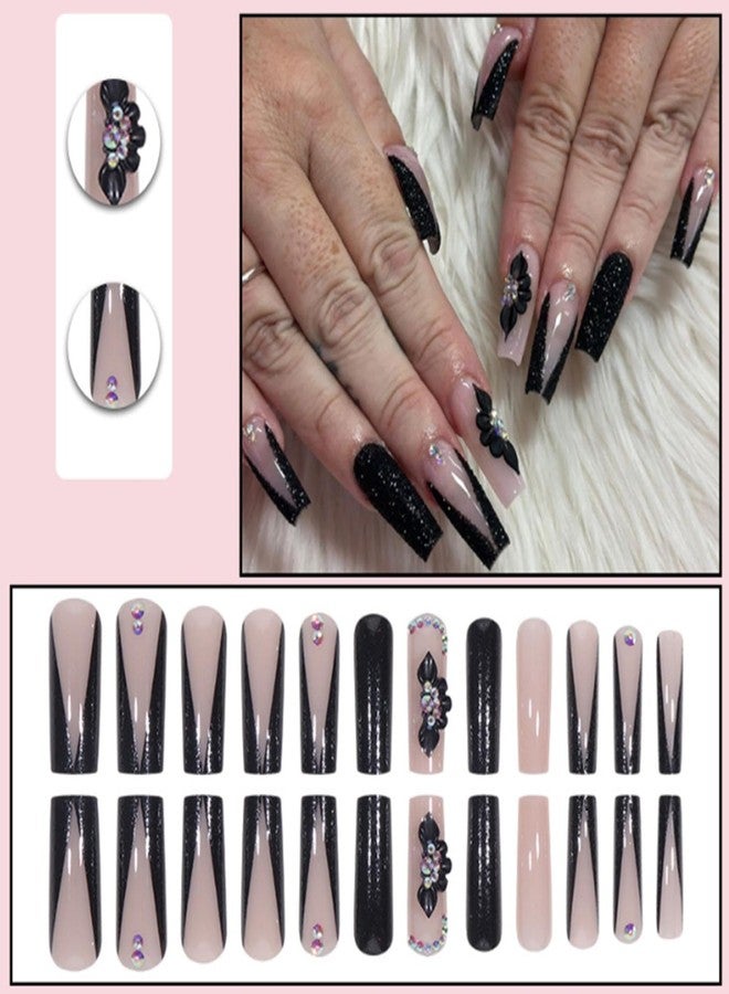 YoYoee Long Full Cover Nails Tips Luxury Black False Nails Square Press on Nails French Fake Nails for Women and Girls 24PCS - Image 2