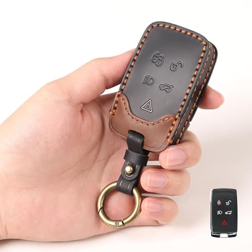 Keyzone Dual Leather Key Cover for Range Rover: Sport, Evoque, Velar, Discovery, Defender (2018, 2019, 2020, 2021) 5 Button Smart Key (Black-Brown) - Image 1