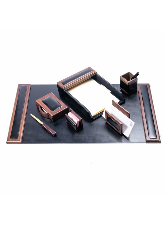 Dacasso Wood & Leather Set Luxury Leather Desk Pad & Desk Organization Essentials, 7 Piece, Walnut - Image 1