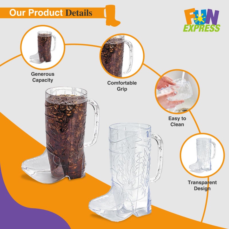 Fun Express Cowboy Boot Cups Clear Plastic - Western Cups 17oz Boot Mugs 12 Pack for Cowboy Party Decorations Rodeo Theme Party Supplies for Adults & Kids Western Themed Celebrations - Image 3