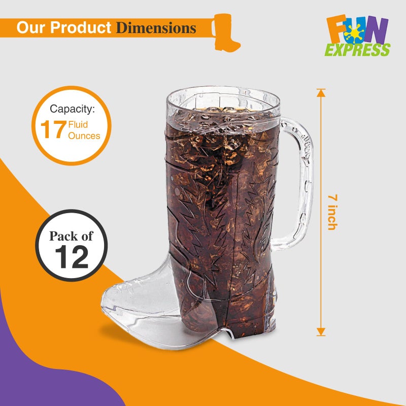 Fun Express Cowboy Boot Cups Clear Plastic - Western Cups 17oz Boot Mugs 12 Pack for Cowboy Party Decorations Rodeo Theme Party Supplies for Adults & Kids Western Themed Celebrations - Image 2
