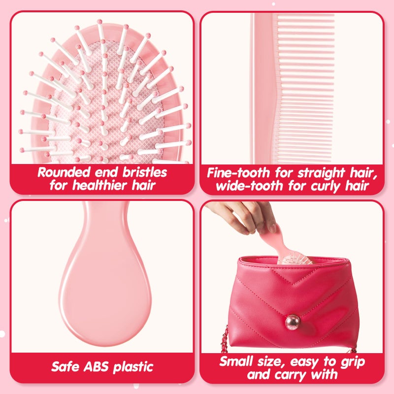 FillTouch 24 Pcs Mini Hair Brush Set 12 Travel Wet Dry Hair Combs Small Pocket Detangling 12 Plastic Combs for Spa Birthday Sleepover Bridal Shower Bachelorette Christmas Party Gift Box(Pink) - Image 3