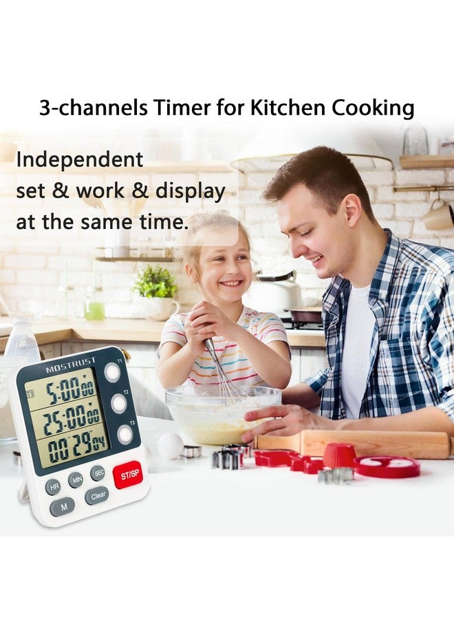 MOSTRUST Digital Dual Kitchen Timer, 3 Channels Count UP/Down Triple Cooking Timer for Baking, Memory Presets & Magnetic Back Large Display & Adjustable Alarm Volume, Multi Time Management Tool  - Image 1