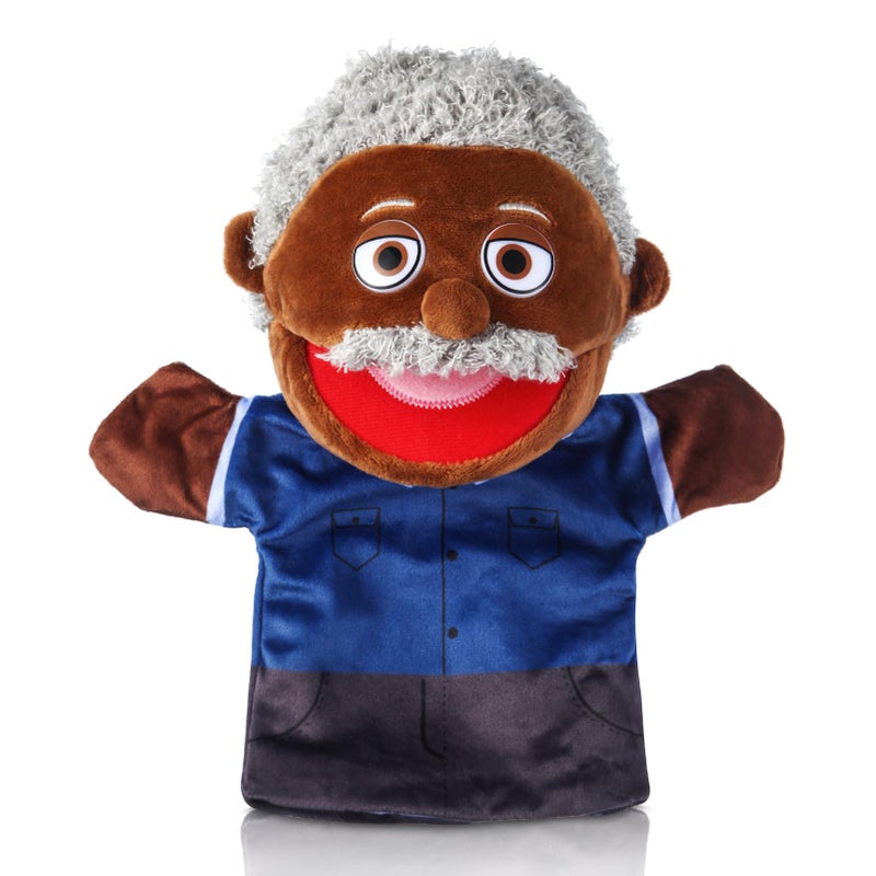 ZJoey 1 Pcs Family Hand Puppets 12 Inch Grandparents Mom Dad Brother Sister Plush Hand Puppet Toys Role-Play Toy Puppets for Kids Storytelling Imaginative Pretend Play Teaching Preschool(Black Grandfather) - Image 1