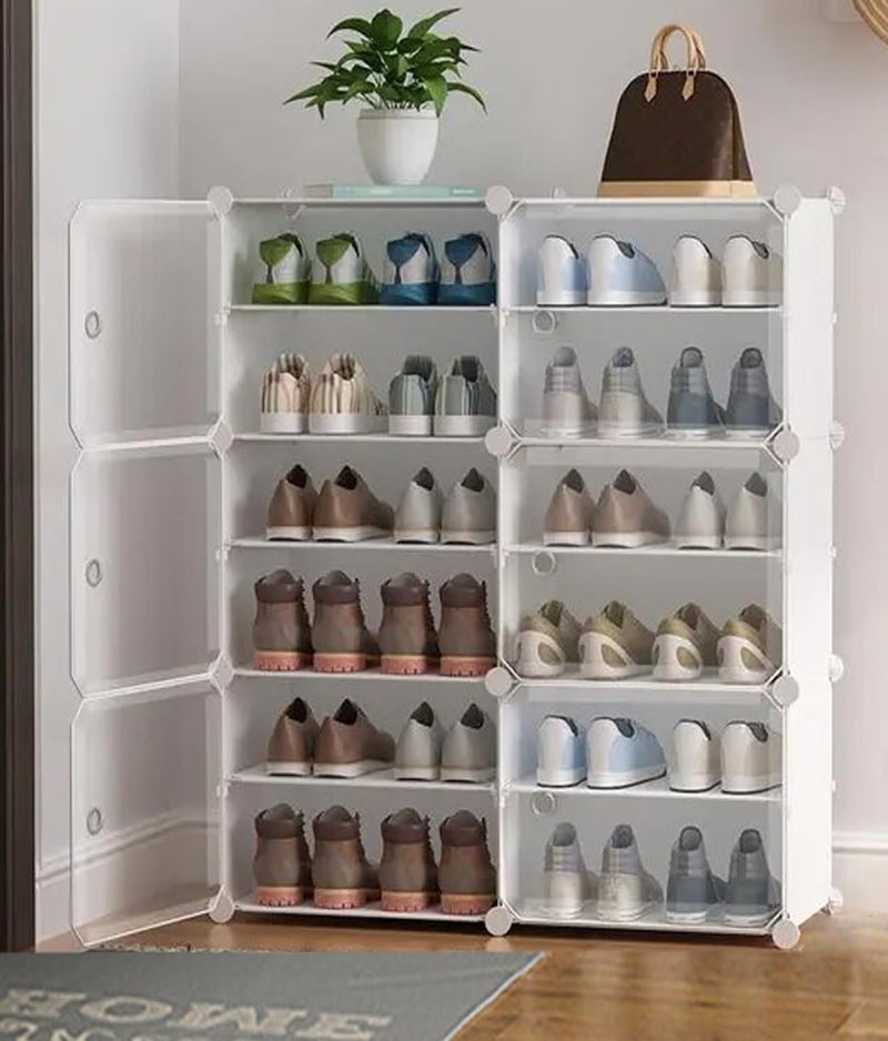 KRISHYAM Shoe Rack Organizer DIY 24 Pair Tower 6 Door Shoe Storage Cabinet for Boots Shoes Slippers Closet Organizers Storage with Doors for Entryway 6 Door 12 Shelve White Polypropylene