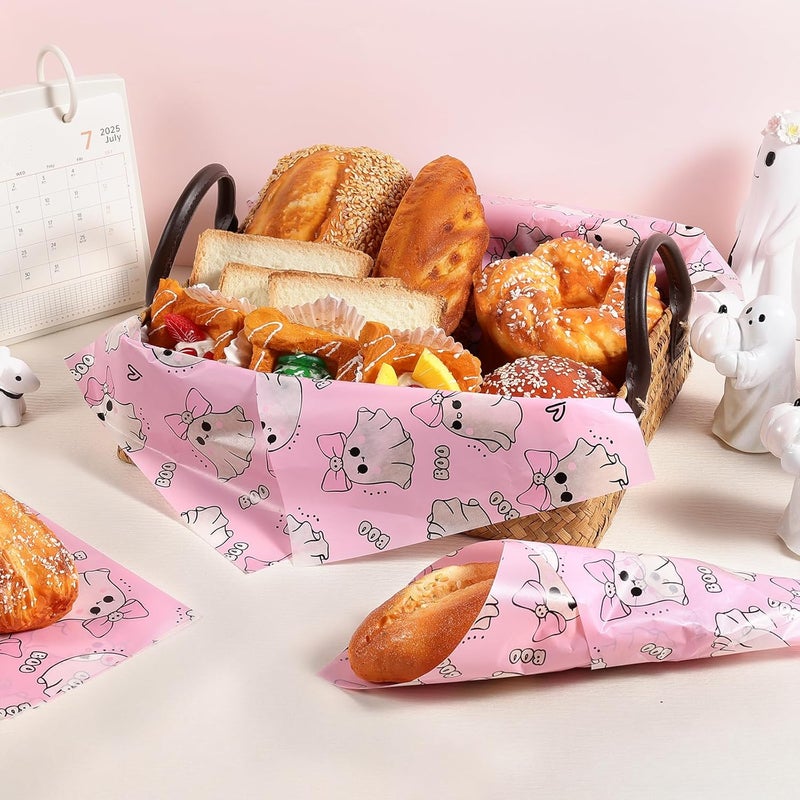 Fabllewavi 150 Pcs Pink Ghost Boo Wax Paper Sheets for Food Deli, 9.8'' x 8.3'' Cute Girly Ghost Greaseproof Deli Paper for Sandwich Picnic Basket Liner Halloween Trick or Treat Party Supplies - Image 3