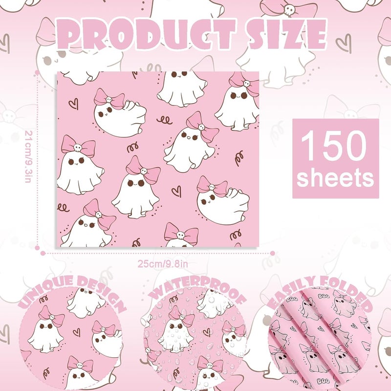 Fabllewavi 150 Pcs Pink Ghost Boo Wax Paper Sheets for Food Deli, 9.8'' x 8.3'' Cute Girly Ghost Greaseproof Deli Paper for Sandwich Picnic Basket Liner Halloween Trick or Treat Party Supplies - Image 2