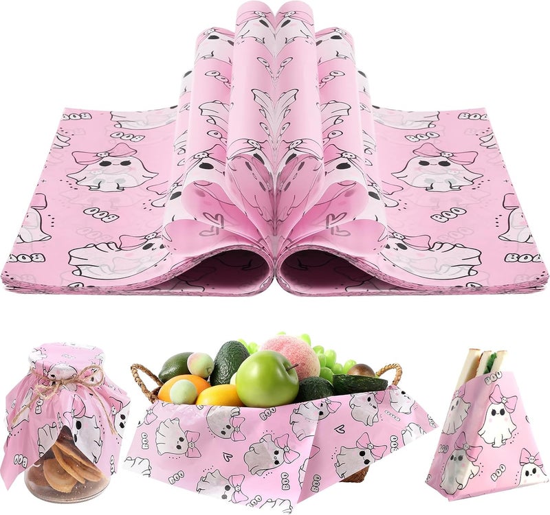 Fabllewavi 150 Pcs Pink Ghost Boo Wax Paper Sheets for Food Deli, 9.8'' x 8.3'' Cute Girly Ghost Greaseproof Deli Paper for Sandwich Picnic Basket Liner Halloween Trick or Treat Party Supplies - Image 1