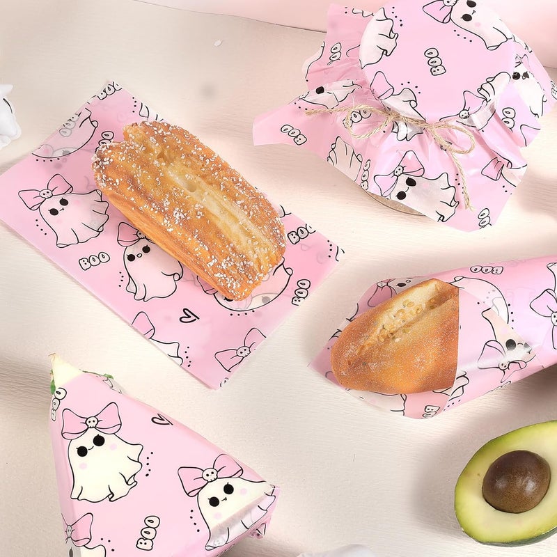 Fabllewavi 150 Pcs Pink Ghost Boo Wax Paper Sheets for Food Deli, 9.8'' x 8.3'' Cute Girly Ghost Greaseproof Deli Paper for Sandwich Picnic Basket Liner Halloween Trick or Treat Party Supplies - Image 5