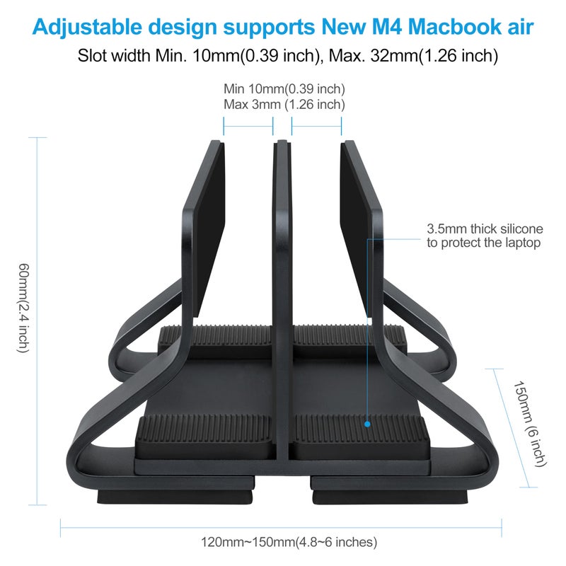 Psitek Aluminum Dual Vertical Laptop Stand Dock Holder, Supports 2 Devices, Adjustable Slot Width 15-36mm, Space-Saving Upright Storage for MacBook and Laptops - Image 4