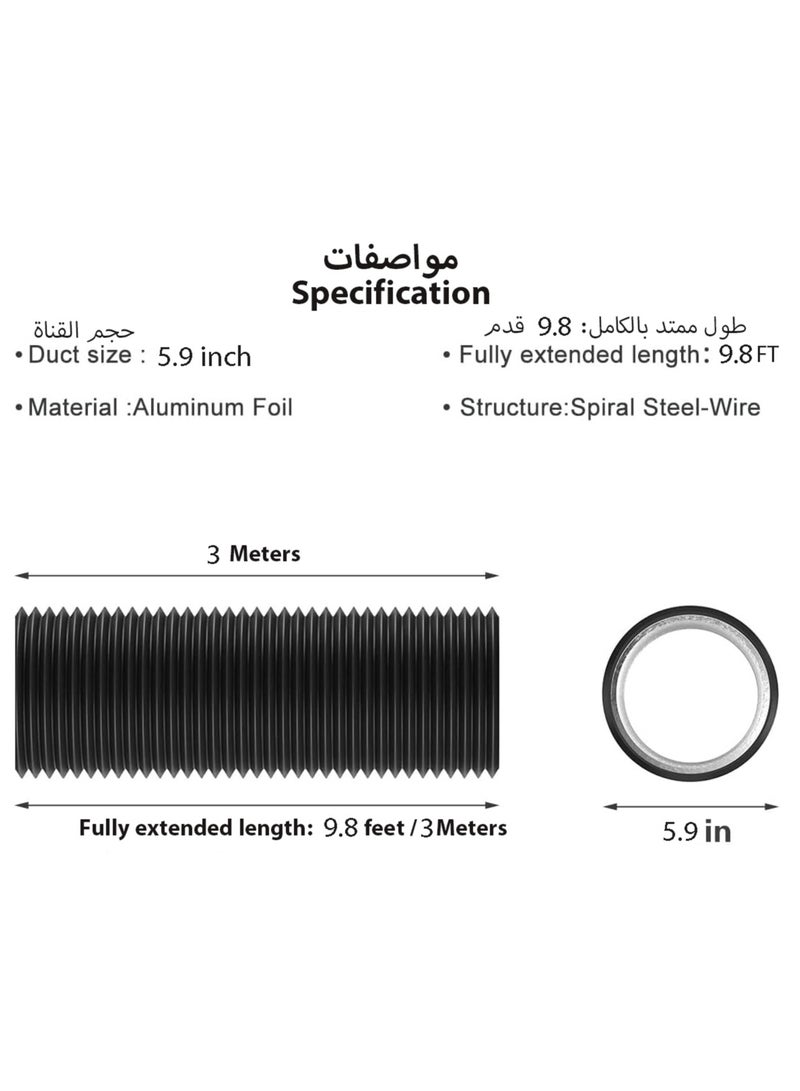 S-Color Dryer Vent Hose 150cm/5.9" Insulated Flexible Duct 3M/9.8FT with 2 Duct Clamps and 1 Meters Aluminium foil tape, Heavy-Duty Three Layer Protection for HVAC Ventilation, Duct Fan Systems(Black 5.9in 9.8FT) - Image 2