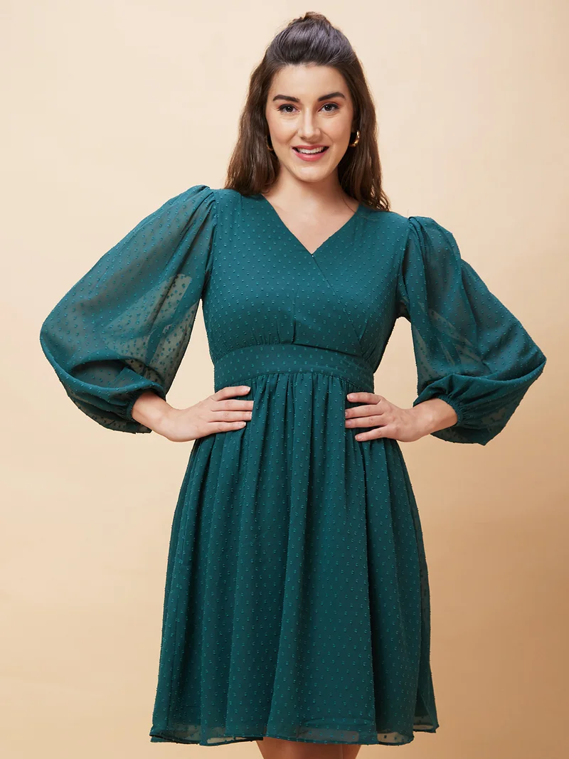 globus Women Green Self Design Puff Sleeve Gathered Fit & Flared Dress