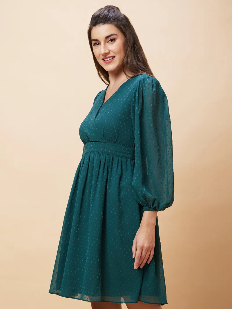 globus Women Green Self Design Puff Sleeve Gathered Fit & Flared Dress