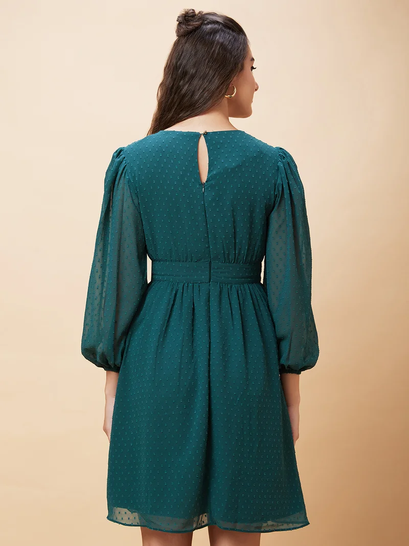 globus Women Green Self Design Puff Sleeve Gathered Fit & Flared Dress