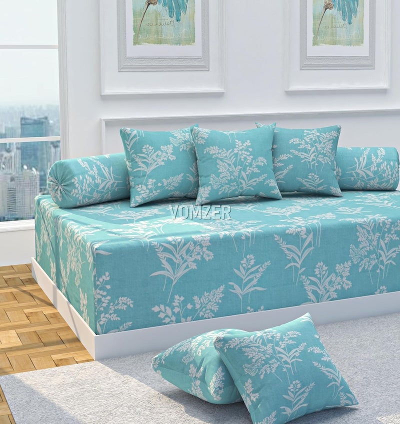 VOMZER VOMZER Premium Printed 100 Glace Cotton Diwan Set 8 Pieces 1 Single bedsheet 5 Cushions Covers and 2 Bolster Covers Aqua Floral  - Image 2
