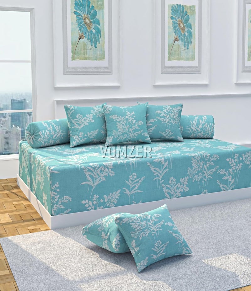 VOMZER VOMZER Premium Printed 100 Glace Cotton Diwan Set 8 Pieces 1 Single bedsheet 5 Cushions Covers and 2 Bolster Covers Aqua Floral  - Image 1