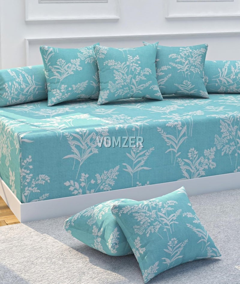 VOMZER VOMZER Premium Printed 100 Glace Cotton Diwan Set 8 Pieces 1 Single bedsheet 5 Cushions Covers and 2 Bolster Covers Aqua Floral  - Image 3