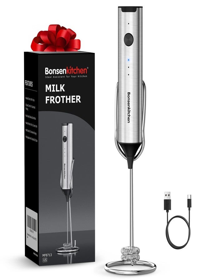 Bonsenkitchen Rechargeable Milk Frother with Stand, 3-Speed Handheld Coffee Frother, Dual Spring Whisk Electric Hand Frother Wand Drink Mixer for Matcha Lattes Cappuccino, Kitchen Gifts - Image 1
