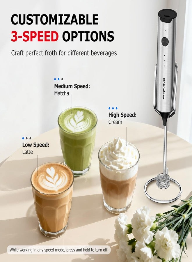 Bonsenkitchen Rechargeable Milk Frother with Stand, 3-Speed Handheld Coffee Frother, Dual Spring Whisk Electric Hand Frother Wand Drink Mixer for Matcha Lattes Cappuccino, Kitchen Gifts - Image 3