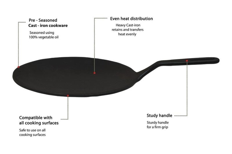 Anantam Collection PreSeasoned Cast Iron RotiChapatiDosa Tawa Pan with Stick Handle Dosa Kallu Iron Tawa Gas Stovetop Compatible 26cm Black - Image 2