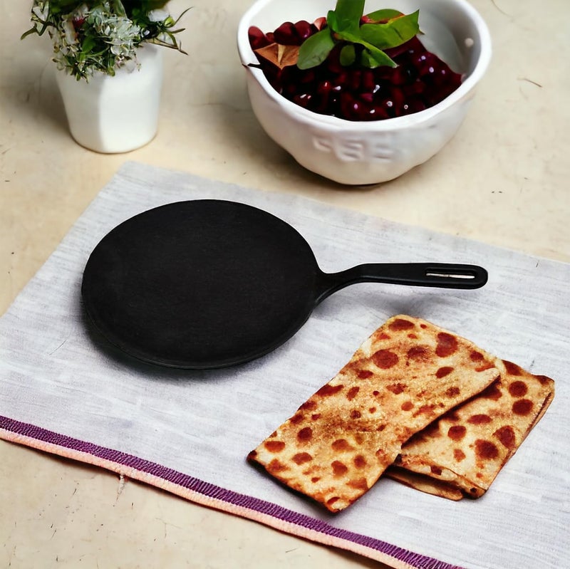 Anantam Collection PreSeasoned Cast Iron RotiChapatiDosa Tawa Pan with Stick Handle Dosa Kallu Iron Tawa Gas Stovetop Compatible 26cm Black - Image 5