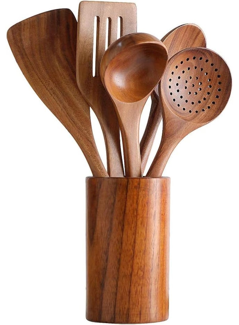 Relex 6-Piece Wooden Spoons for Cooking, Flat Spatula, Three-Line Spatula, Slotted Spoon, Seasoning Spoon, Large Spoon, Storage Bucket - Image 1