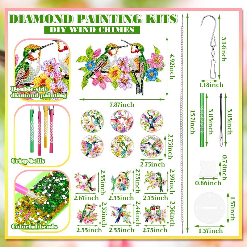GlikCeil Hummingbird Wind Chimes Outside Diamond Art Wind Chimes Diamond Art Suncatchers Hummingbird Diamond Art Kits for Loved One Gifts Mom Grandma Daughter for Home Garden Patio Backyard - Image 3